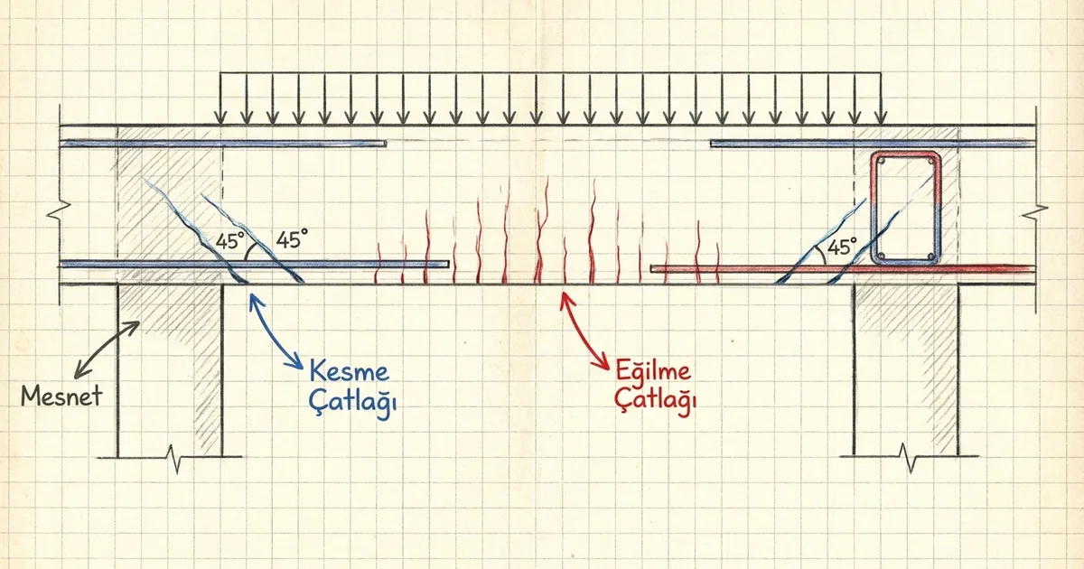 Betonarme kirişte eğilme ve kesme çatlağı desenleri — açıklık ortası düşey çatlaklar ve mesnet yakını eğik çatlaklar şeması