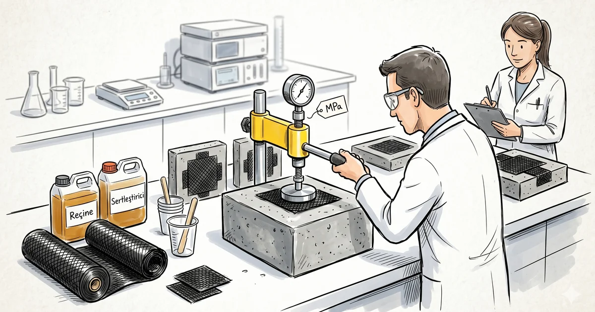 Karbon fiber güçlendirmede epoksi sistem testi — karbon kumaş ve epoksi reçinesi birlikte test ediliyor
