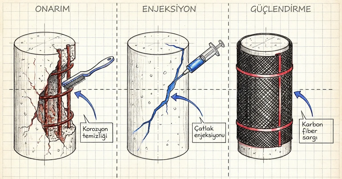 Eski betonarme kesitte onarım ve güçlendirme sırası: donatı onarımı, çatlak enjeksiyonu, karbon fiber sargı