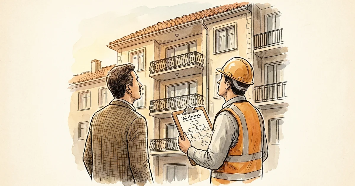 Apartmanının önünde güçlendirme yol haritasını mühendisle inceleyen ev sahibi