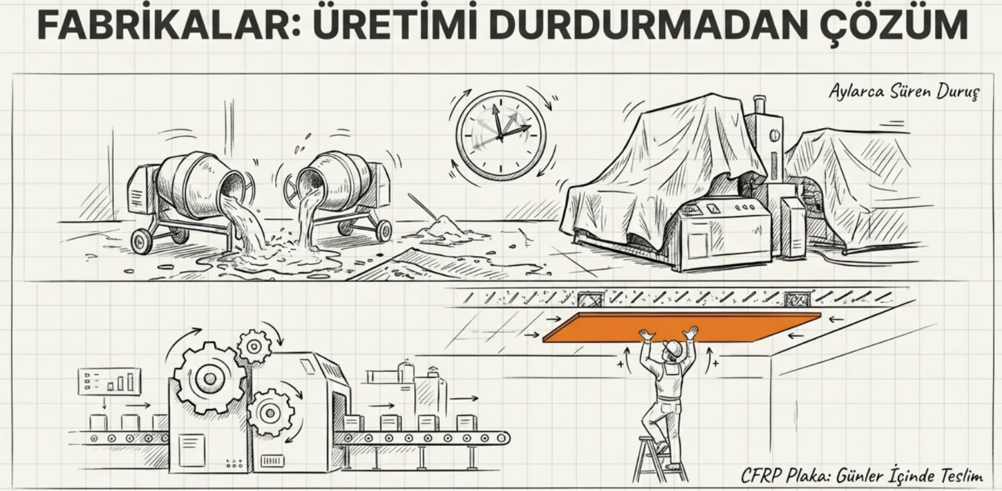 Fabrika döşemesinde karbon plaka ile eğilme güçlendirmesi uygulaması