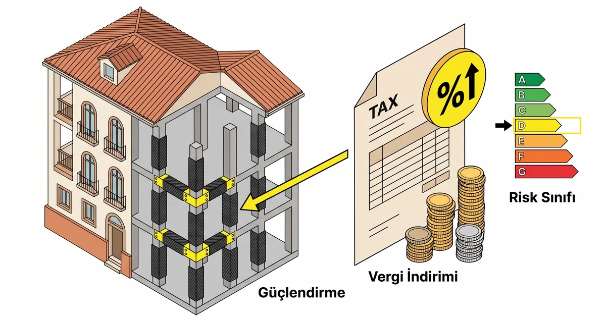 İtalya Sismabonus modeli — güçlendirilmiş bina, vergi indirimi belgesi ve risk sınıfı skalası izometrik illüstrasyonu