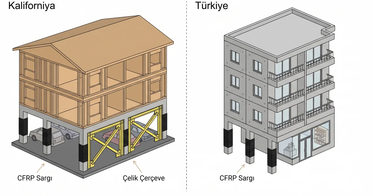 Kaliforniya ve Türkiye'de zorunlu güçlendirme karşılaştırması — çelik çerçeve ve CFRP sargılı beton podyum ile zemin katı dükkânlı betonarme apartman