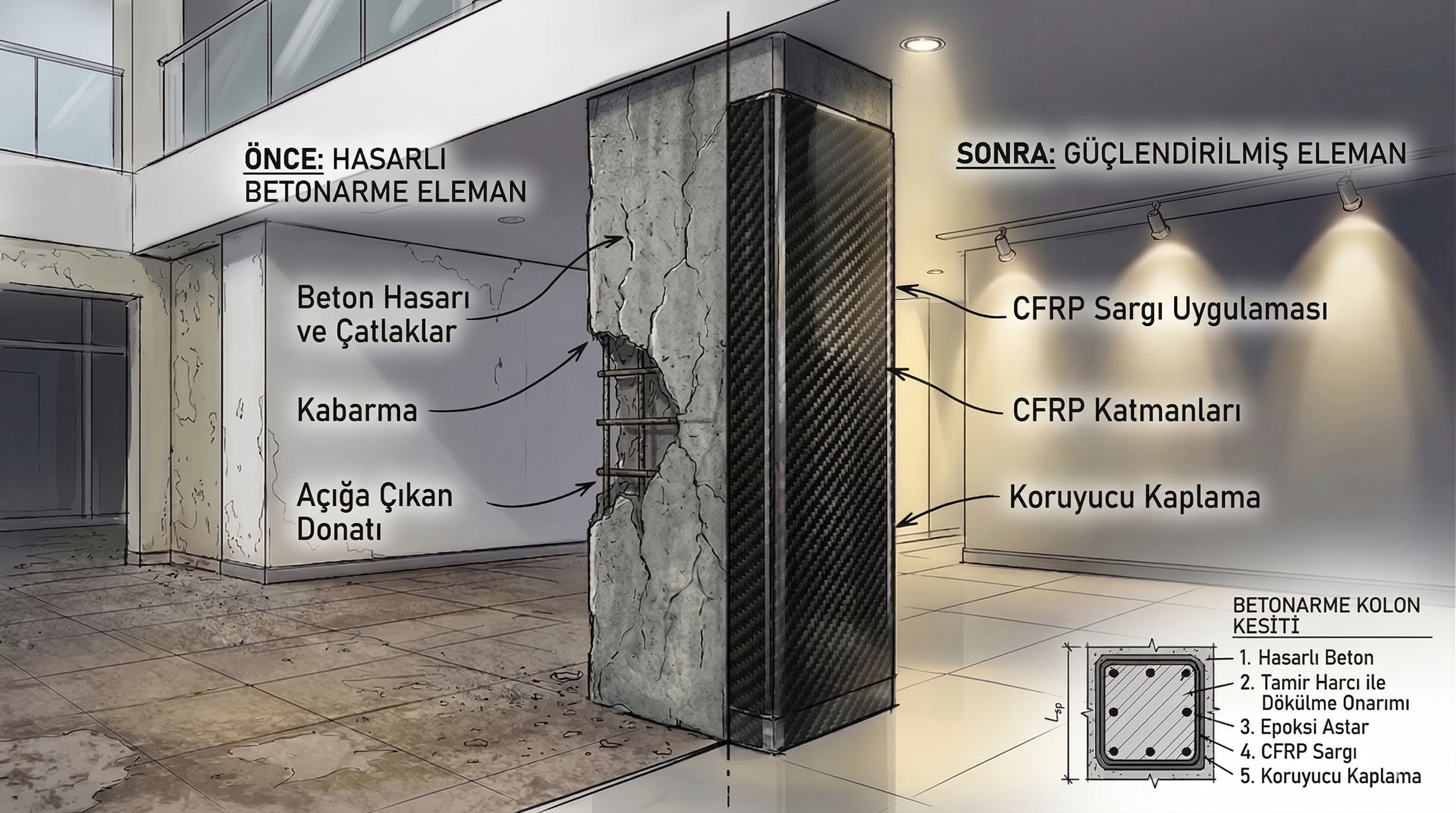 Karbon fiber kumaş ile kolon güçlendirme uygulaması — CFRP sargılama