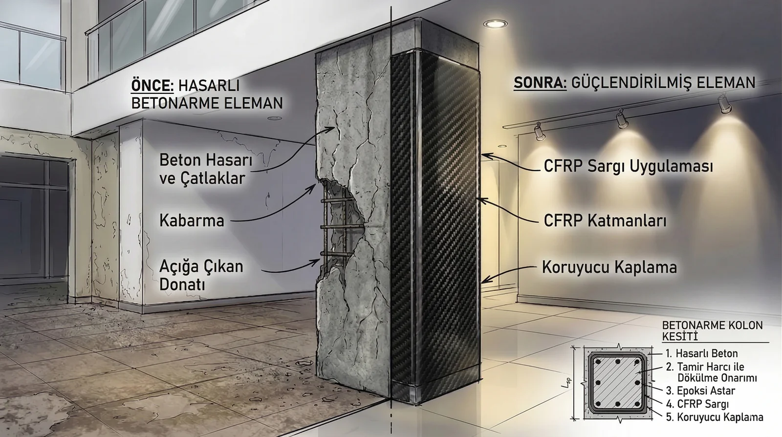 Karbon fiber kumaş ile kolon güçlendirme uygulaması — CFRP sargılama