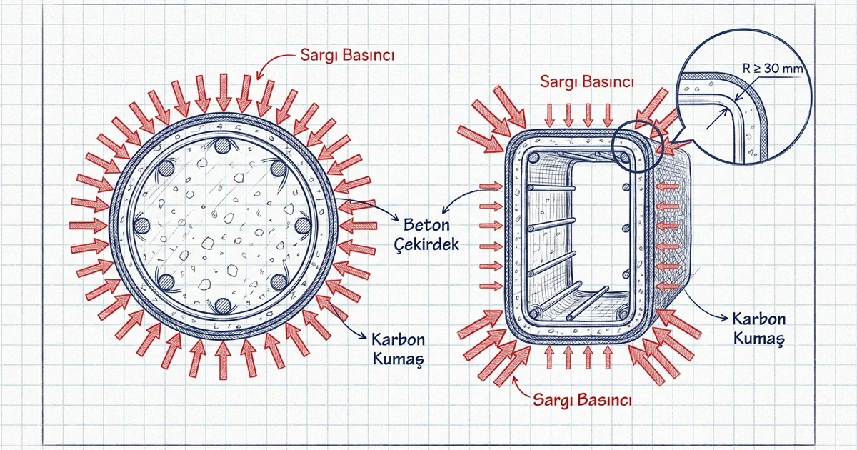 Karbon fiber sargılamanın (confinement) kolon kesitine etkisi: sargı basıncı okları, dairesel ve dikdörtgen kesit karşılaştırması, 30 mm köşe yuvarlatma