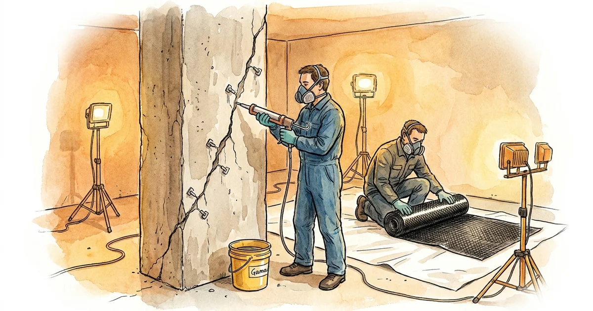 Orta hasarlı betonarme binada çatlak enjeksiyonu ve karbon fiber güçlendirme hazırlığı — el çizimi saha illüstrasyonu
