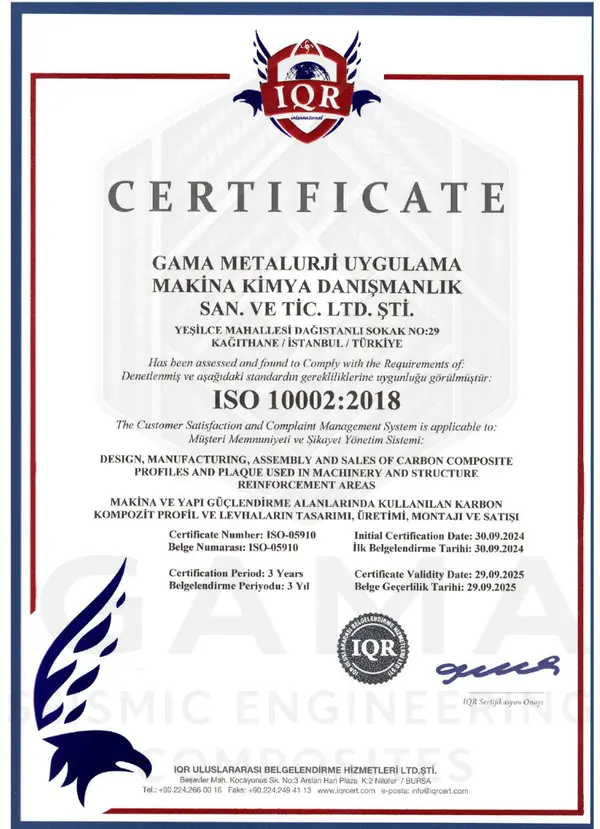 ISO 10002:2018 Sertifikası - Gama Metalurji sertifika belgesi