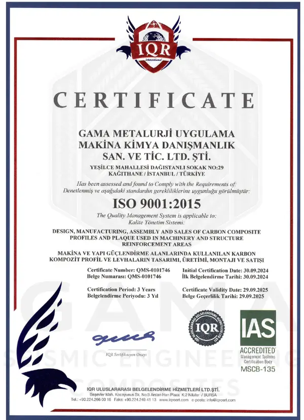 ISO 9001:2015 Sertifikası - Gama Metalurji sertifika belgesi