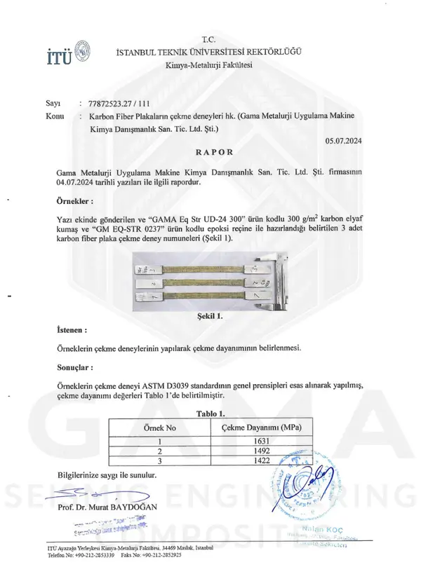 İTÜ Kumaş Çekme Test Raporu - Gama Metalurji sertifika belgesi